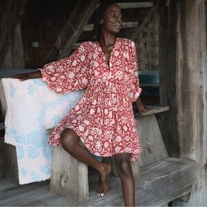 Daughters of India Kyra Mini Dress in Saffron Red and White Floral Block Print